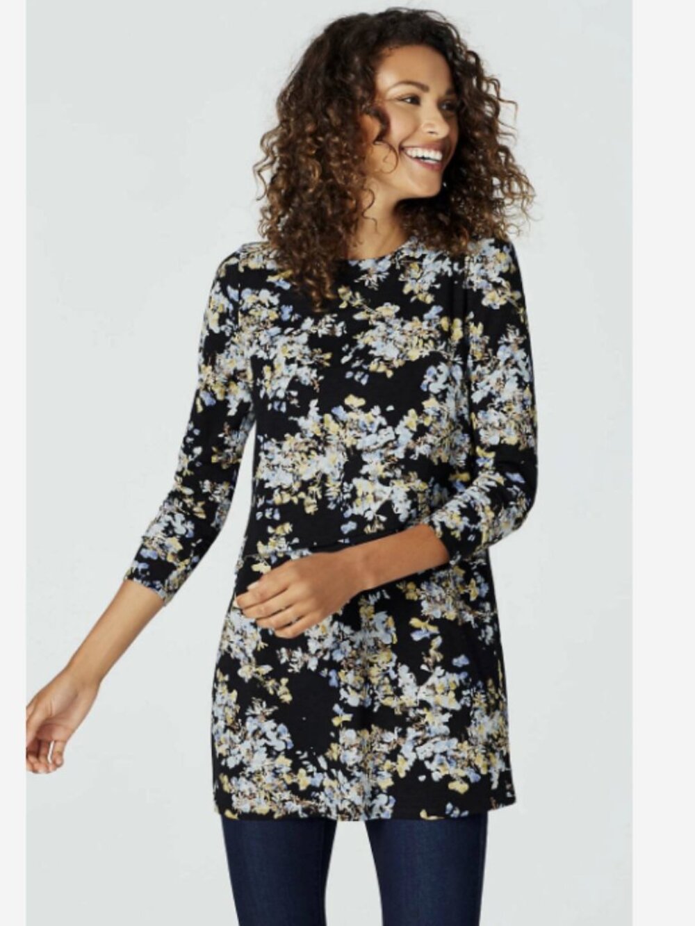 J. Jill Long Sleeve Layered Tiered Tunic Top Abstract Blossoms Preppy Sz Large